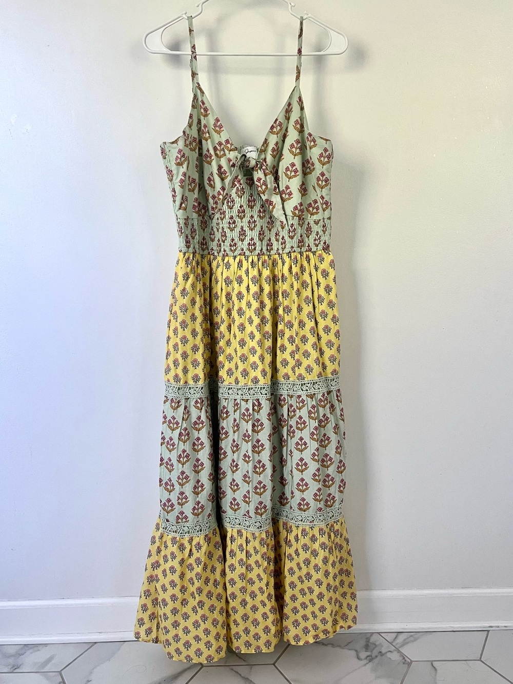 Japna Mint Green & Yellow Floral Tiered Maxi Dress